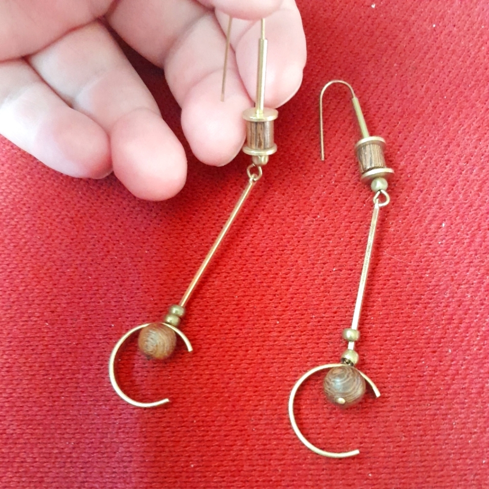 Long C Curve Earrings - Wood on Brass - Picture 4 of 4